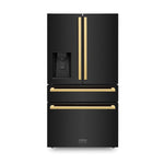 ZLINE Autograph Edition 36-Inch 21.6 cu. ft 4-Door French Door Refrigerator with Water and Ice Dispenser in Black Stainless Steel with Polished Gold Square Handles RFMZ-W-36-BS-FG