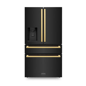 ZLINE Autograph Edition 36-Inch 21.6 cu. ft 4-Door French Door Refrigerator with Water and Ice Dispenser in Black Stainless Steel with Polished Gold Square Handles RFMZ-W-36-BS-FG
