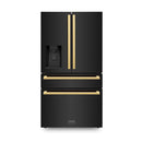 ZLINE Autograph Edition 36-Inch 21.6 cu. ft 4-Door French Door Refrigerator with Water and Ice Dispenser in Black Stainless Steel with Polished Gold Square Handles RFMZ-W-36-BS-FG
