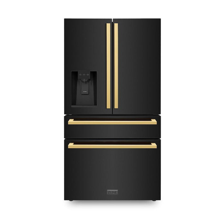 ZLINE Autograph Edition 36-Inch 21.6 cu. ft 4-Door French Door Refrigerator with Water and Ice Dispenser in Black Stainless Steel with Polished Gold Square Handles RFMZ-W-36-BS-FG