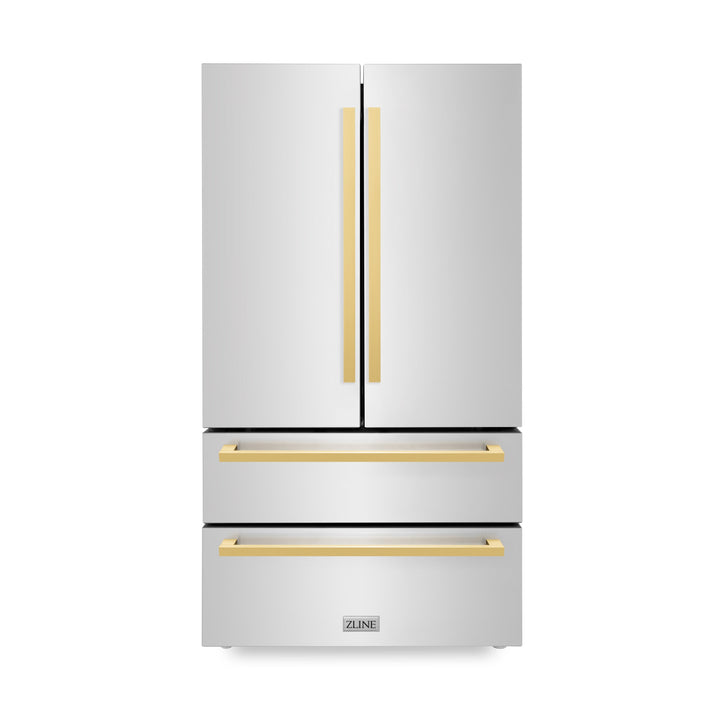 ZLINE Autograph Edition 36-Inch 22.5 cu. ft 4-Door French Door Refrigerator with Ice Maker in Stainless Steel with Polished Gold Square Handles RFMZ-36-FG