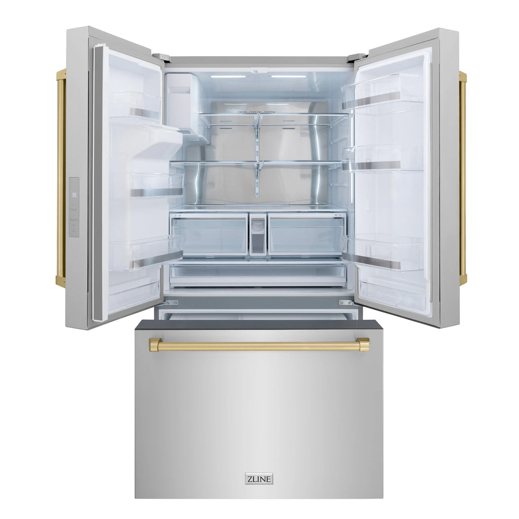 ZLINE Autograph Edition 36 -Inch 28.9 cu. ft. Standard-Depth French Door External Water Dispenser Refrigerator with Dual Ice Maker in Fingerprint Resistant Stainless Steel and Champagne Bronze Handles RSMZ-W-36-CB
