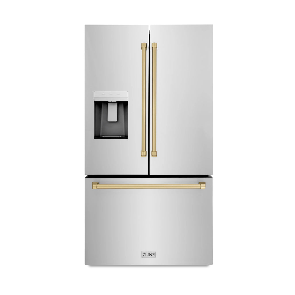 ZLINE Autograph Edition 36 -Inch 28.9 cu. ft. Standard-Depth French Door External Water Dispenser Refrigerator with Dual Ice Maker in Fingerprint Resistant Stainless Steel and Champagne Bronze Handles RSMZ-W-36-CB