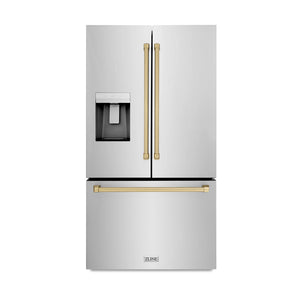 ZLINE Autograph Edition 36 -Inch 28.9 cu. ft. Standard-Depth French Door External Water Dispenser Refrigerator with Dual Ice Maker in Fingerprint Resistant Stainless Steel and Champagne Bronze Handles RSMZ-W-36-CB
