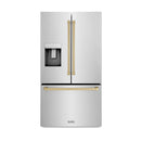 ZLINE Autograph Edition 36 -Inch 28.9 cu. ft. Standard-Depth French Door External Water Dispenser Refrigerator with Dual Ice Maker in Fingerprint Resistant Stainless Steel and Champagne Bronze Handles RSMZ-W-36-CB