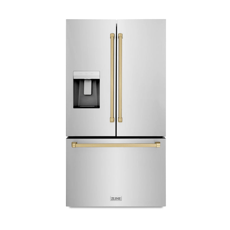 ZLINE Autograph Edition 36 -Inch 28.9 cu. ft. Standard-Depth French Door External Water Dispenser Refrigerator with Dual Ice Maker in Fingerprint Resistant Stainless Steel and Champagne Bronze Handles RSMZ-W-36-CB