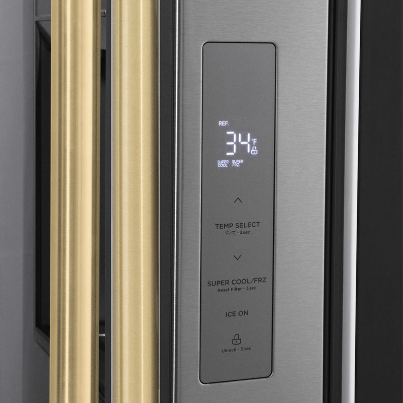 ZLINE Autograph Edition 36 -Inch 28.9 cu. ft. Standard-Depth French Door External Water Dispenser Refrigerator with Dual Ice Maker in Fingerprint Resistant Stainless Steel and Champagne Bronze Handles RSMZ-W-36-CB