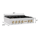 ZLINE Autograph Edition 36" Porcelain Rangetop with 6 Gas Burners in Dura Snow Stainless Steel With Accents