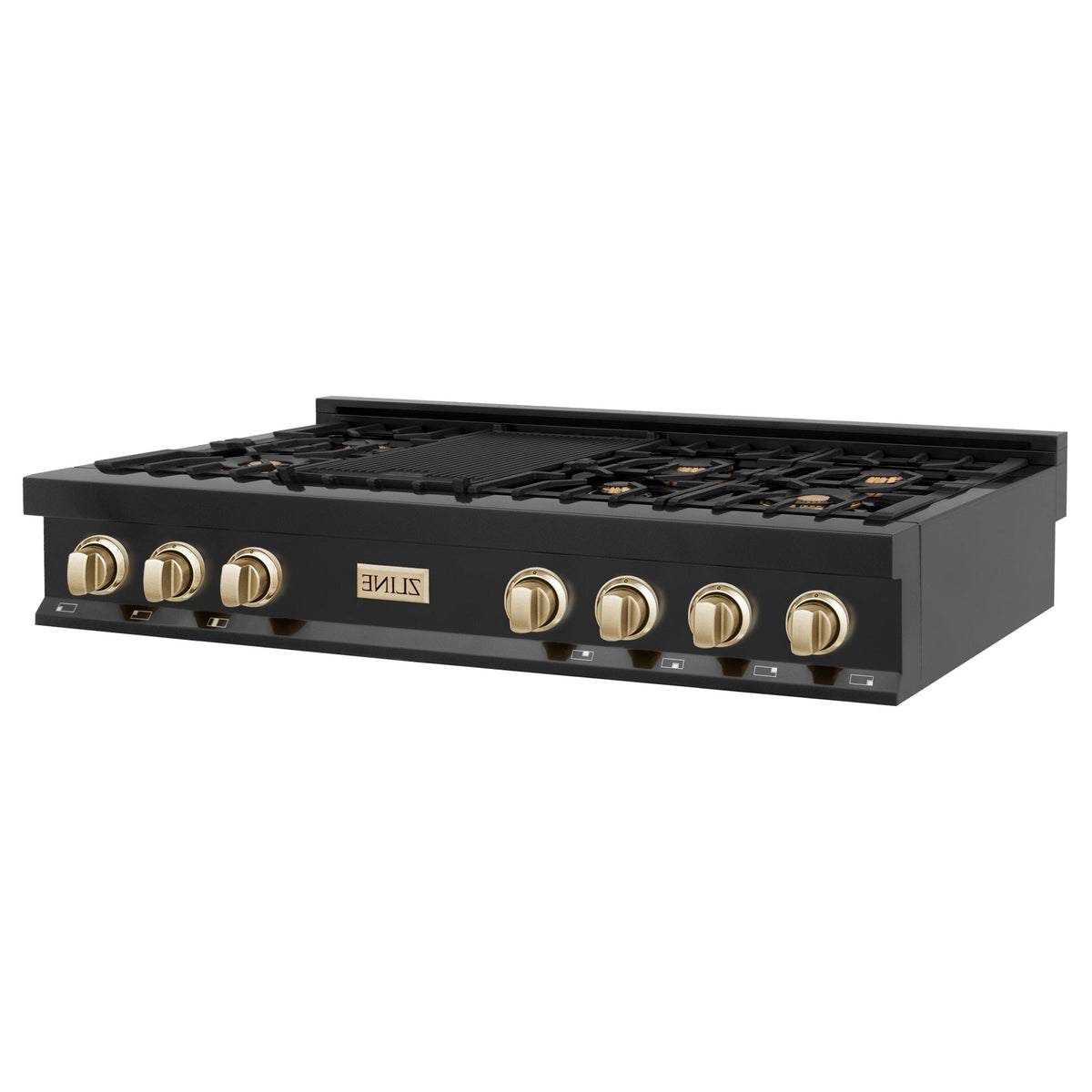 ZLINE Autograph Edition 48" Porcelain Rangetop with 7 Gas Burners in Black Stainless Steel With Accents