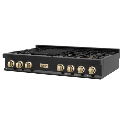 ZLINE Autograph Edition 48" Porcelain Rangetop with 7 Gas Burners in Black Stainless Steel With Accents