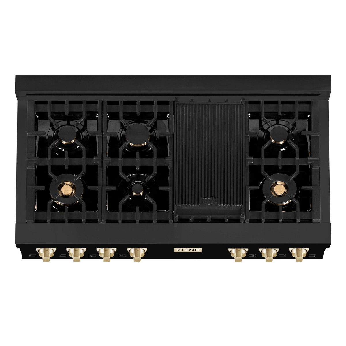 ZLINE Autograph Edition 48" Porcelain Rangetop with 7 Gas Burners in Black Stainless Steel With Accents