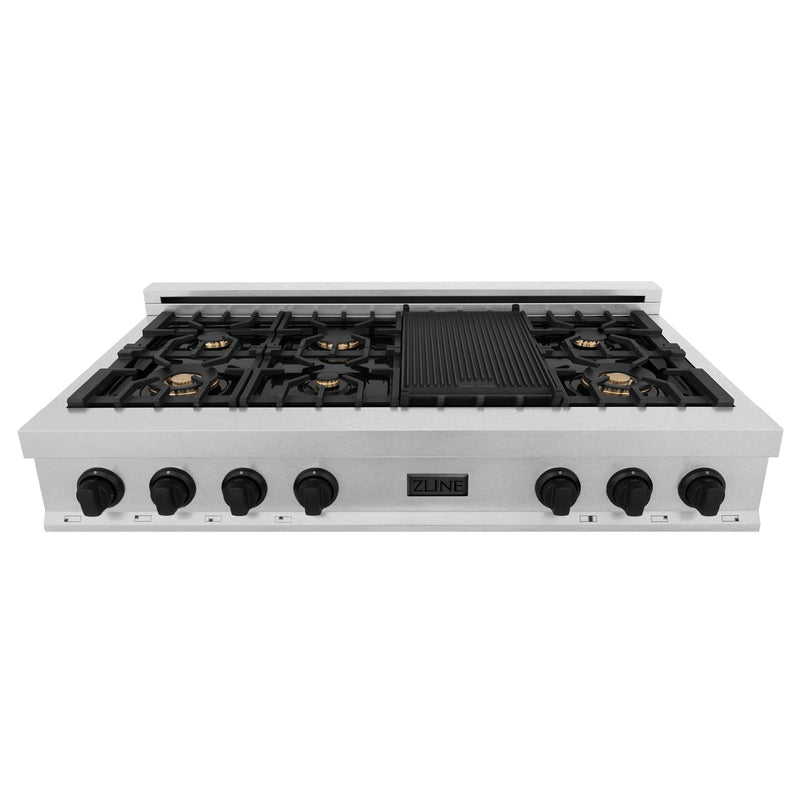 ZLINE Autograph Edition 48" Porcelain Rangetop with 7 Gas Burners in Dura Snow Stainless Steel With Accents