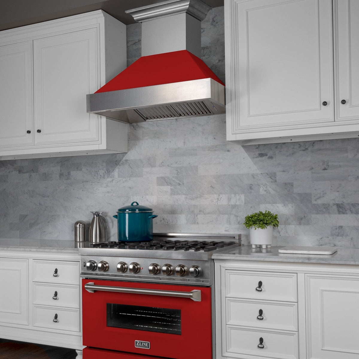 ZLINE DuraSnow Stainless Steel Range Hood with Red Matte Shell 
