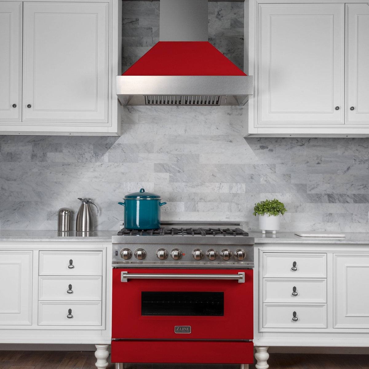 ZLINE DuraSnow Stainless Steel Range Hood with Red Matte Shell 