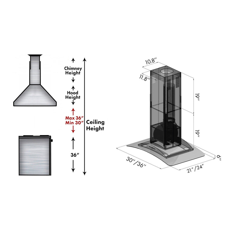 ZLINE Island Mount Range Hood in Stainless Steel & Glass