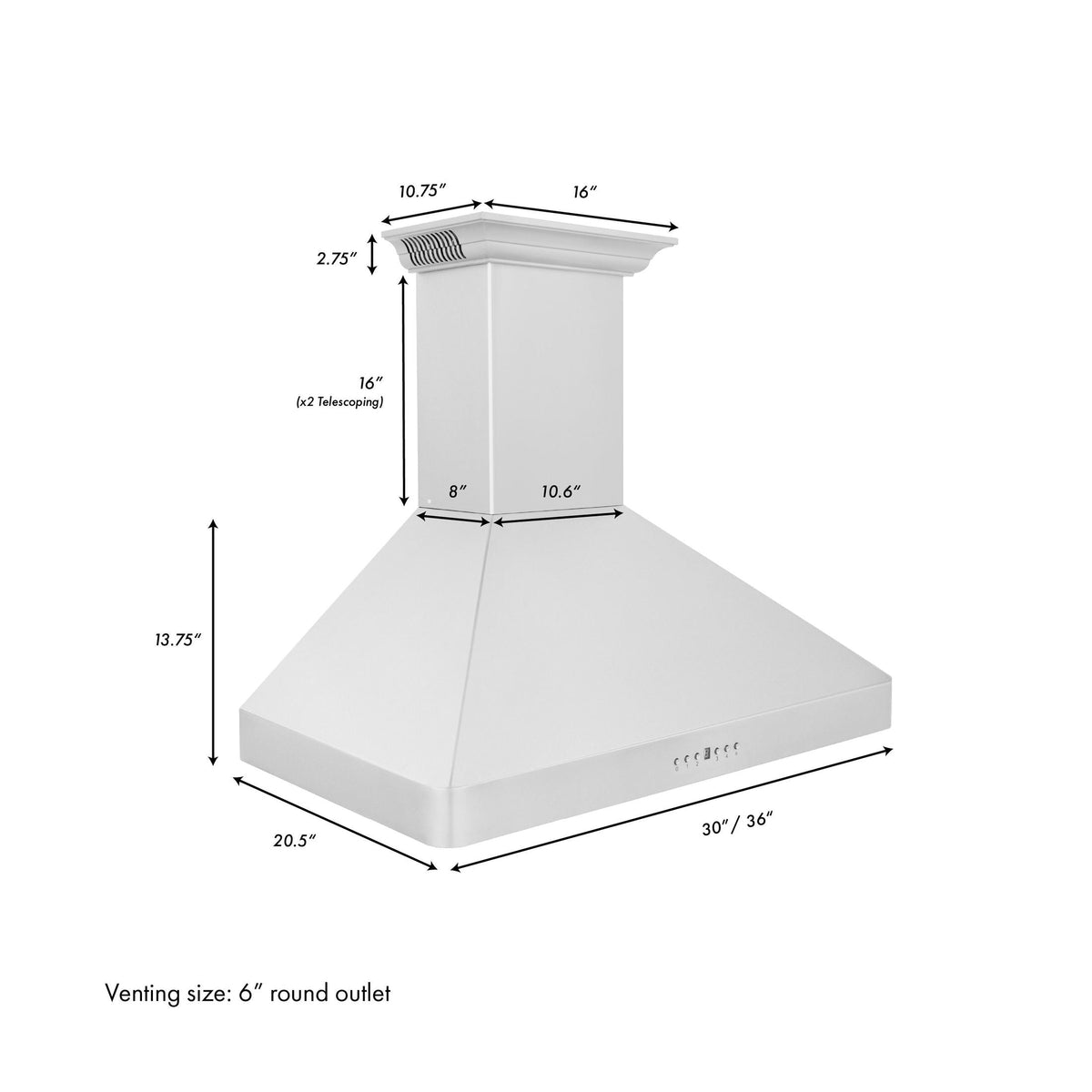 ZLINE Wall Mount Range Hood in Stainless Steel with Built-in CrownSound Bluetooth Speakers - KF2CRN-BT-36