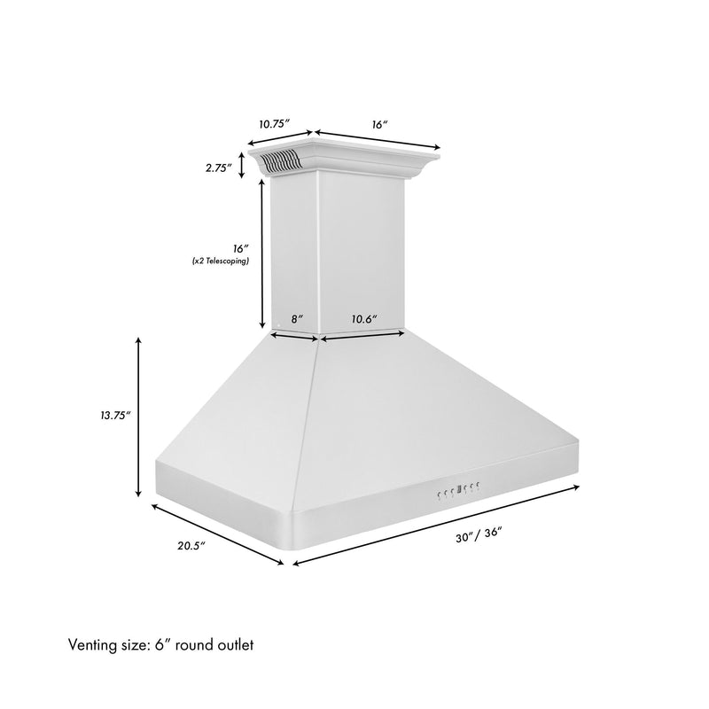 ZLINE Wall Mount Range Hood in Stainless Steel with Built-in CrownSound Bluetooth Speakers - KF2CRN-BT-36