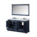 Lexora Dukes 60" Navy Blue Double Vanity, White Carrara Marble Top, White Square Sinks and 58" Mirror LD342260DEDSM58