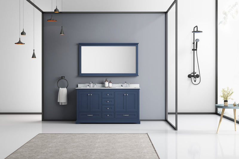 Lexora Dukes 60" Navy Blue Double Vanity, White Carrara Marble Top, White Square Sinks and 58" Mirror LD342260DEDSM58