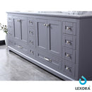 Lexora Dukes 84" Dark Grey Double Vanity, White Carrara Marble Top, White Square Sinks and 34" Mirrors LD342284DBDSM34