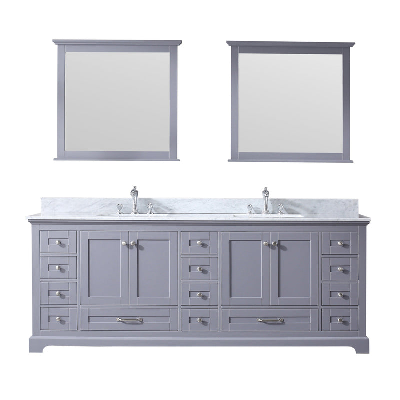 Lexora Dukes 84" Dark Grey Double Vanity, White Carrara Marble Top, White Square Sinks and 34" Mirrors LD342284DBDSM34