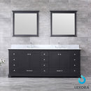 Lexora Dukes 84" Espresso Double Vanity, White Carrara Marble Top, White Square Sinks and 34" Mirrors LD342284DGDSM34