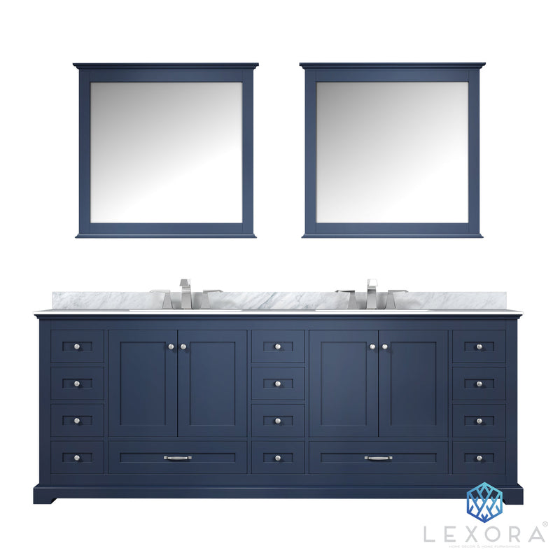 Lexora Dukes 84" Navy Blue Double Vanity, White Carrara Marble Top, White Square Sinks and 34" Mirrors LD342284DEDSM34