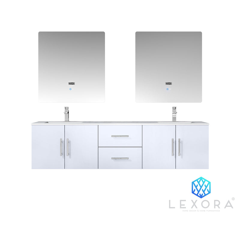 Lexora Geneva 72" Glossy White Double Vanity, White Carrara Marble Top, White Square Sinks and 30" LED Mirrors LG192272DMDSLM30
