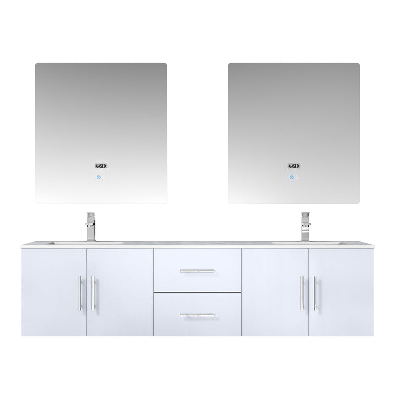 Lexora Geneva 72" Glossy White Double Vanity, White Carrara Marble Top, White Square Sinks and 30" LED Mirrors LG192272DMDSLM30
