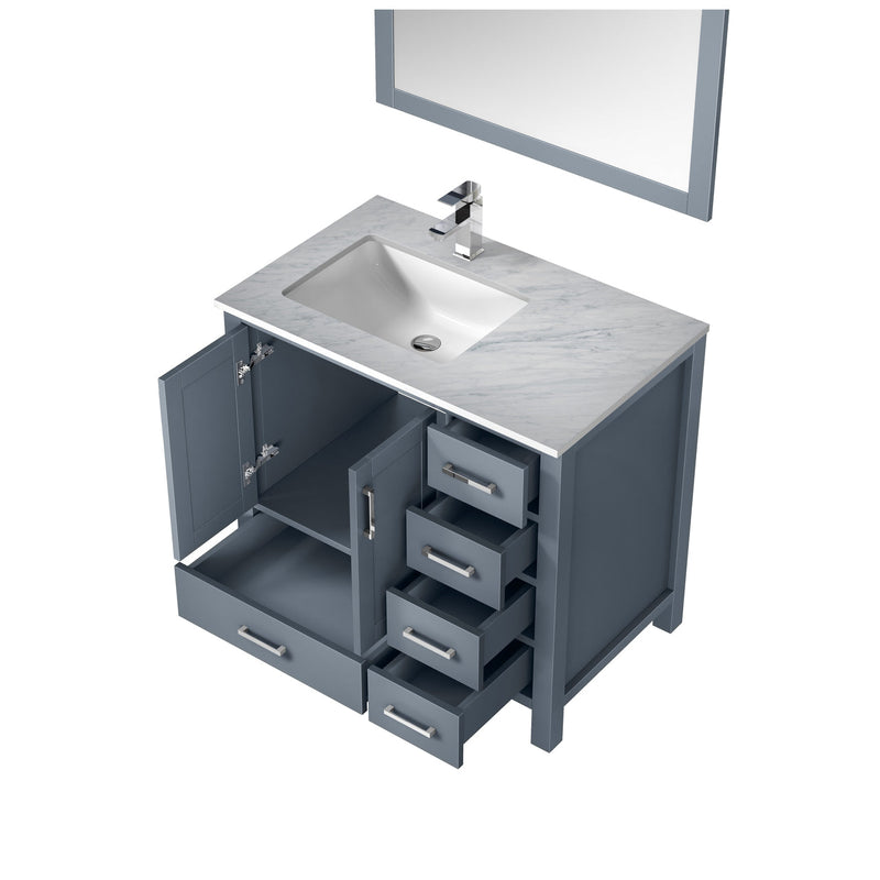 Lexora Jacques 36" Dark Grey Single Vanity, White Carrara Marble Top, White Square Sink and 34" Mirror w/ Faucet - Left Version LJ342236SBDSM34F-L