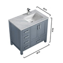 Lexora Jacques 36" Dark Grey Single Vanity, White Carrara Marble Top, White Square Sink and 34" Mirror w/ Faucet - Right Version LJ342236SBDSM34F-R