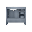 Lexora Jacques 36" Dark Grey Single Vanity, White Carrara Marble Top, White Square Sink and 34" Mirror w/ Faucet - Right Version LJ342236SBDSM34F-R