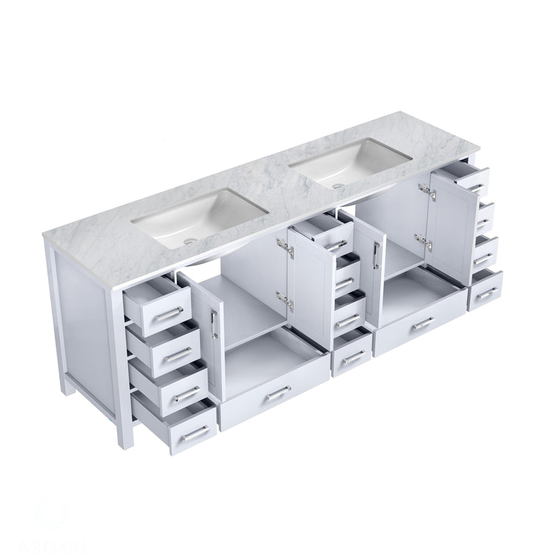 Lexora  Jacques 84" White Double Vanity, White Carrara Marble Top, White Square Sinks and no Mirror LJ342284DADS000