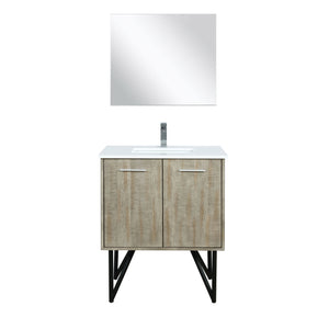 Lexora Lancy 30" Rustic Acacia Bathroom Vanity, White Quartz Top, White Square Sink, Labaro Rose Gold Faucet Set, and 28" Frameless Mirror LLC30SKSOSM28FRG