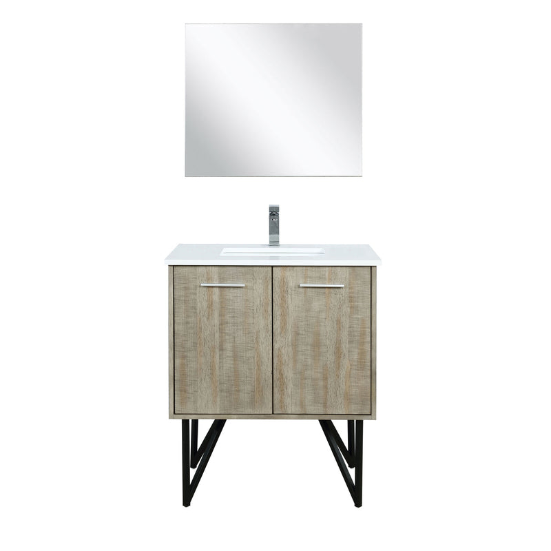 Lexora Lancy 30" Rustic Acacia Bathroom Vanity, White Quartz Top, White Square Sink, Labaro Rose Gold Faucet Set, and 28" Frameless Mirror LLC30SKSOSM28FRG