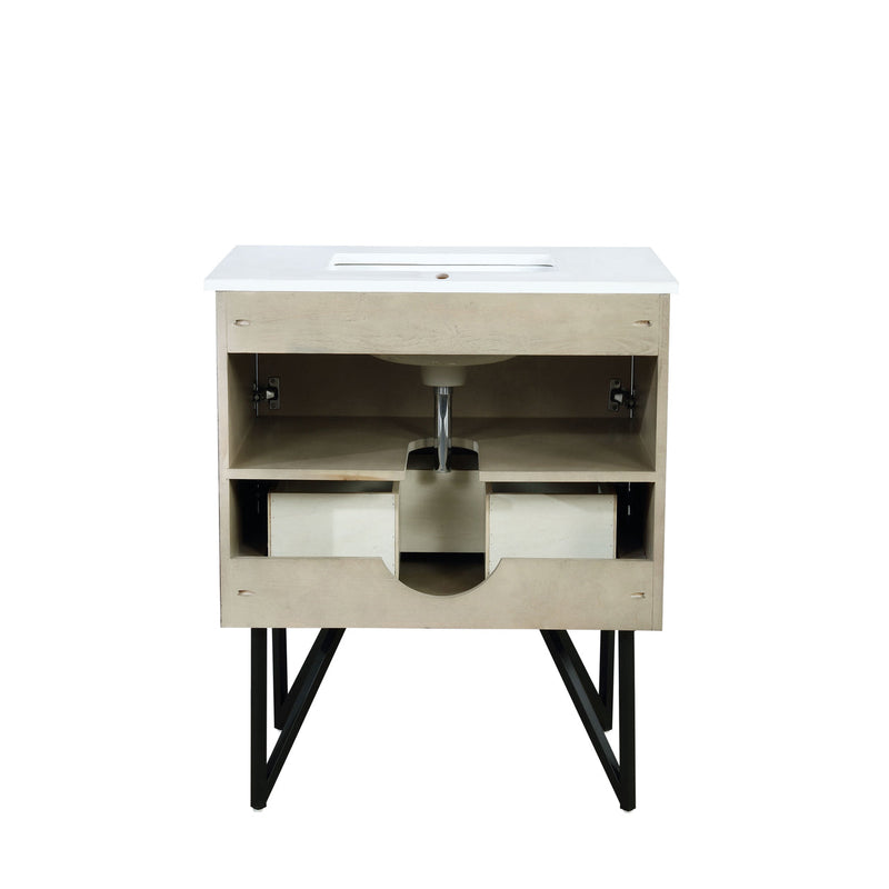 Lexora Lancy 30" Rustic Acacia Bathroom Vanity, White Quartz Top, White Square Sink, and 28" Frameless Mirror  LLC30SKSOSM28