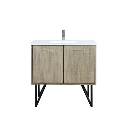 Lexora Lancy 36" Rustic Acacia Bathroom Vanity, White Quartz Top, White Square Sink, and Labaro Brushed Nickel Faucet Set LLC36SKSOS000FBN