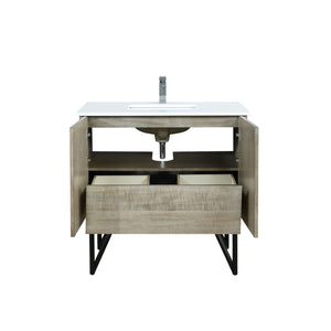 Lexora Lancy 36" Rustic Acacia Bathroom Vanity, White Quartz Top, White Square Sink, and Labaro Brushed Nickel Faucet Set LLC36SKSOS000FBN