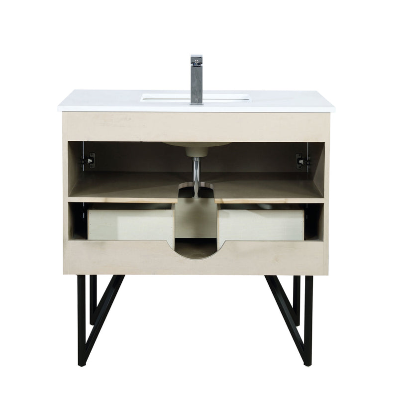 Lexora Lancy 36" Rustic Acacia Bathroom Vanity, White Quartz Top, White Square Sink, and Labaro Rose Gold Faucet Set LLC36SKSOS000FRG