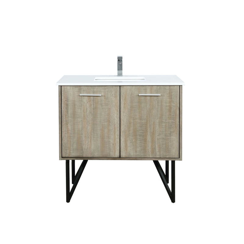 Lexora Lancy 36" Rustic Acacia Bathroom Vanity, White Quartz Top, White Square Sink, and Labaro Rose Gold Faucet Set LLC36SKSOS000FRG
