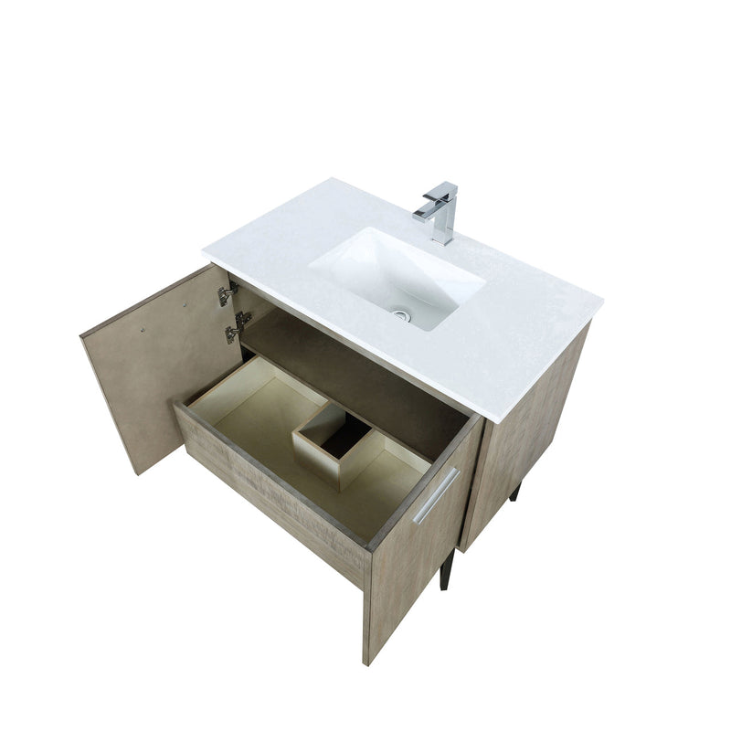 Lexora Lancy 36" Rustic Acacia Bathroom Vanity, White Quartz Top, White Square Sink, and Labaro Rose Gold Faucet Set LLC36SKSOS000FRG