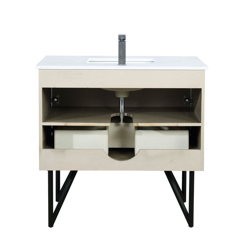 Lexora Lancy 36" Rustic Acacia Bathroom Vanity, White Quartz Top, White Square Sink, Balzani Gun Metal Faucet Set, and 28" Frameless Mirror LLC36SKSOSM28FGM