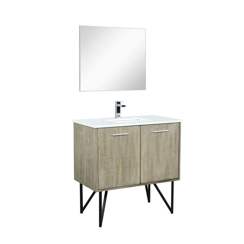 Lexora Lancy 36" Rustic Acacia Bathroom Vanity, White Quartz Top, White Square Sink, Balzani Gun Metal Faucet Set, and 28" Frameless Mirror LLC36SKSOSM28FGM