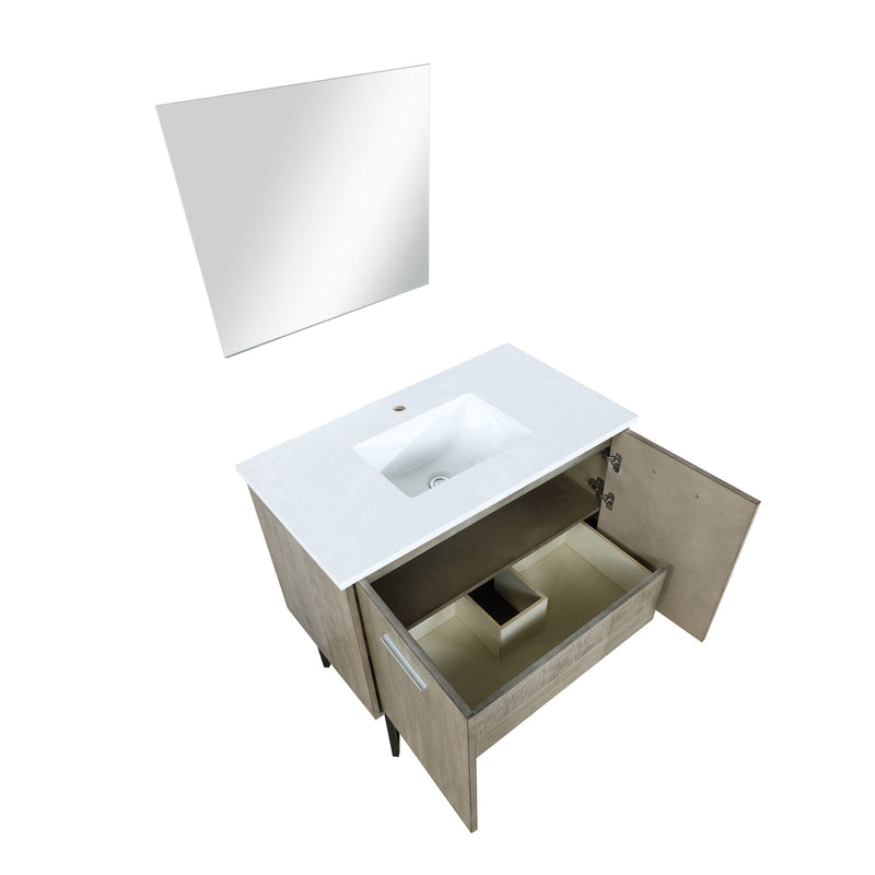 Lexora Lancy 36" Rustic Acacia Bathroom Vanity, White Quartz Top, White Square Sink, and 28" Frameless Mirro LLC36SKSOSM28