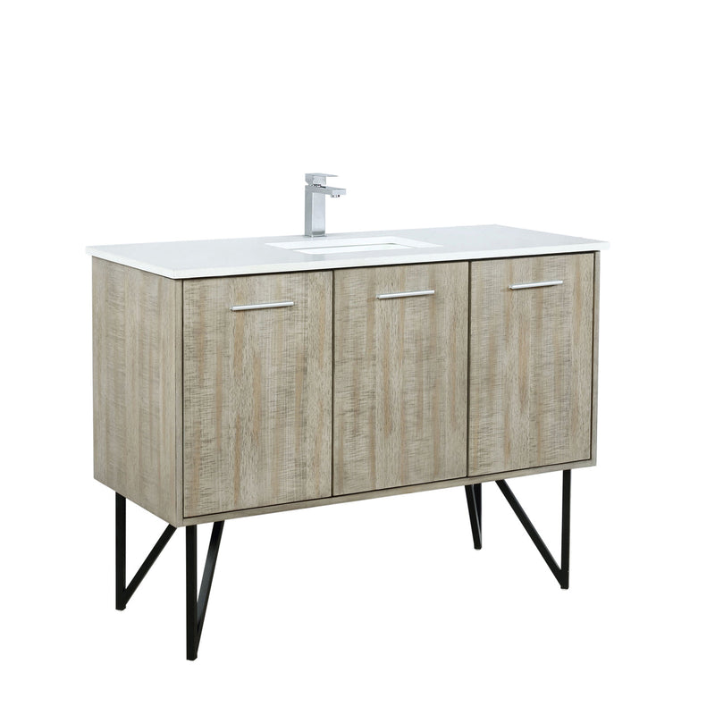 Lexora Lancy 48" Rustic Acacia Bathroom Vanity, White Quartz Top, White Square Sink, and Balzani Gun Metal Faucet Set LLC48SKSOS000FGM