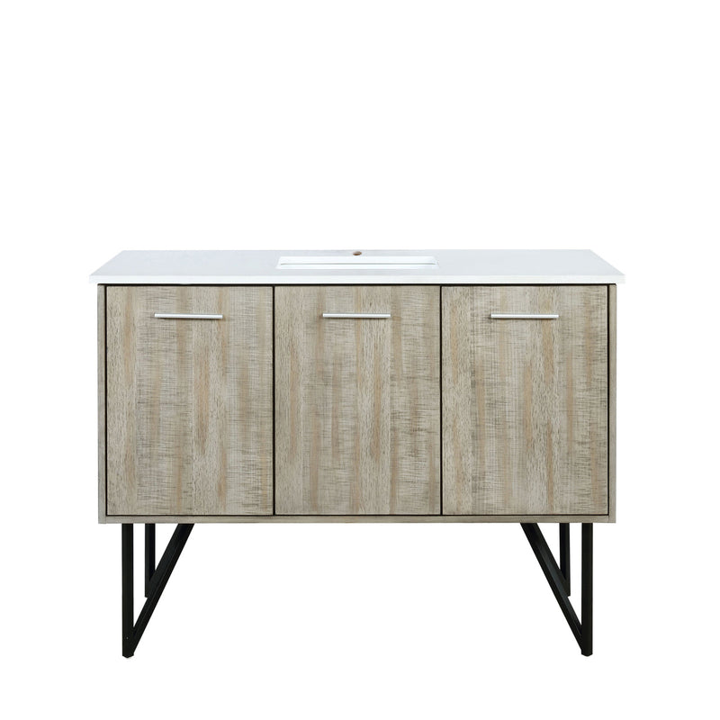 Lexora Lancy 48" Rustic Acacia Bathroom Vanity, White Quartz Top, White Square Sink, and 43" Frameless Mirro LLC48SKSOSM43