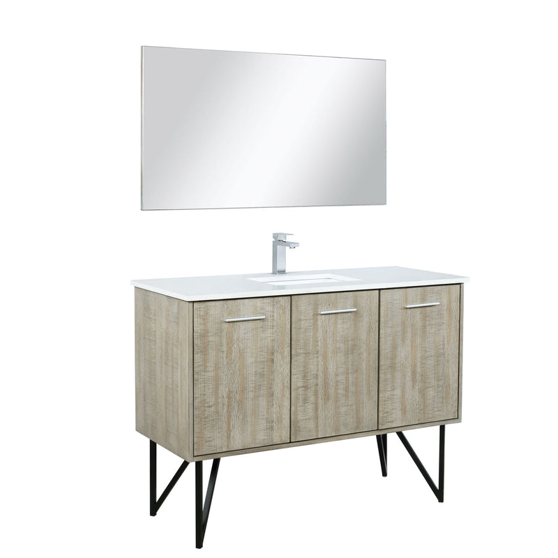 Lexora Lancy 48" Rustic Acacia Bathroom Vanity, White Quartz Top, White Square Sink, Labaro Brushed Nickel Faucet Set, and 43" Frameless Mirror LLC48SKSOSM43FBN