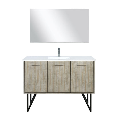 Lexora Lancy 48" Rustic Acacia Bathroom Vanity, White Quartz Top, White Square Sink, Balzani Gun Metal Faucet Set, and 43" Frameless Mirror LLC48SKSOSM43FGM