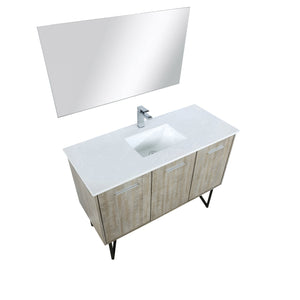 Lexora Lancy 48" Rustic Acacia Bathroom Vanity, White Quartz Top, White Square Sink, Balzani Gun Metal Faucet Set, and 43" Frameless Mirror LLC48SKSOSM43FGM