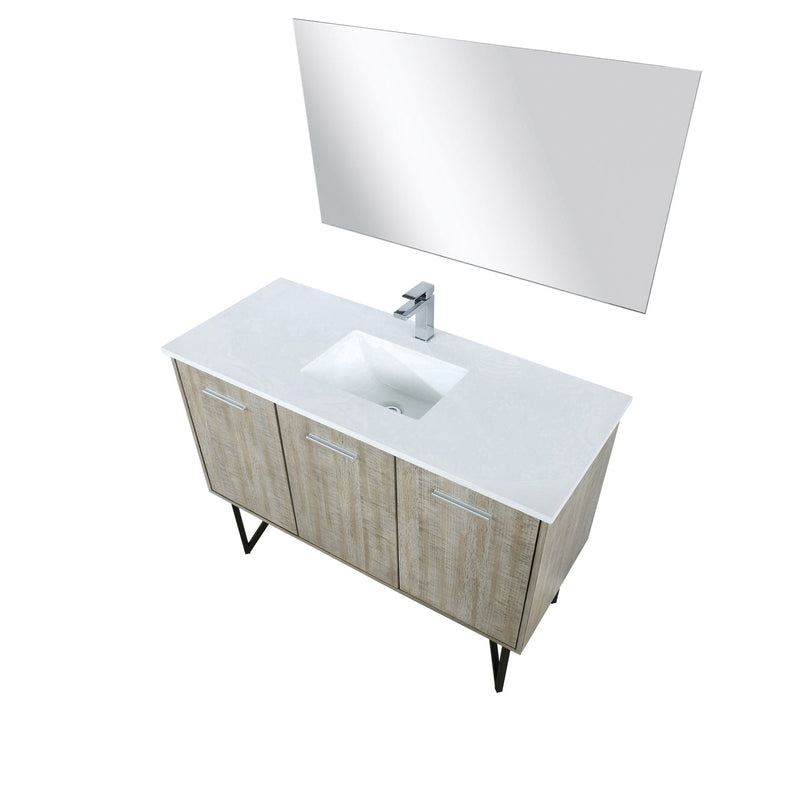 Lexora Lancy 48" Rustic Acacia Bathroom Vanity, White Quartz Top, White Square Sink, Balzani Gun Metal Faucet Set, and 43" Frameless Mirror LLC48SKSOSM43FGM